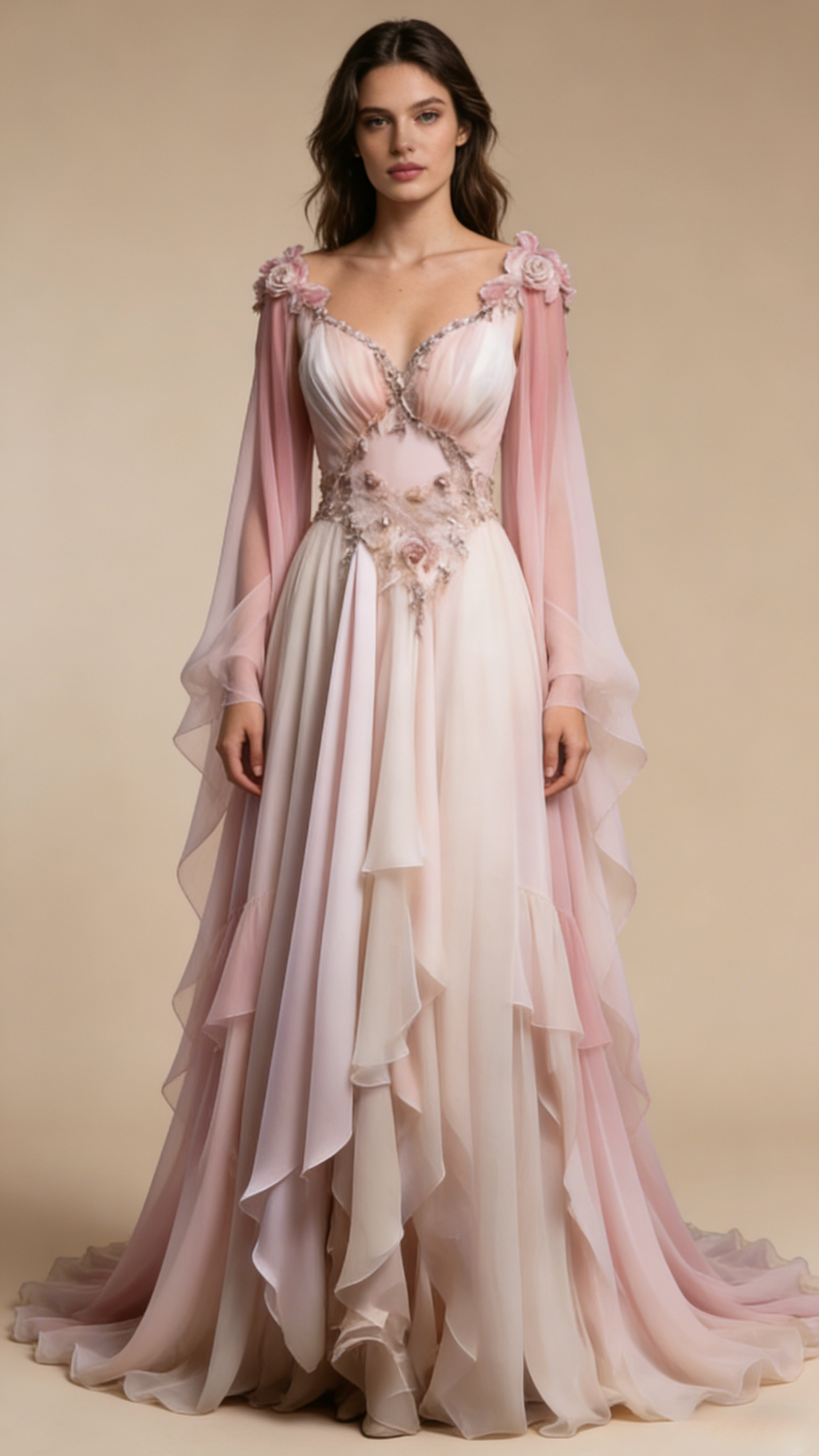 Retro Ombre Pink A-Line Chiffon Long Formal Prom Dress Evening Gown, D994