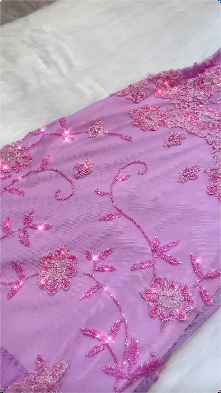 Pink Fashion Exquisite Beaded Spaghetti Strap A-Line Lace Floor Length Elegant Ball Gowns Prom Dresses