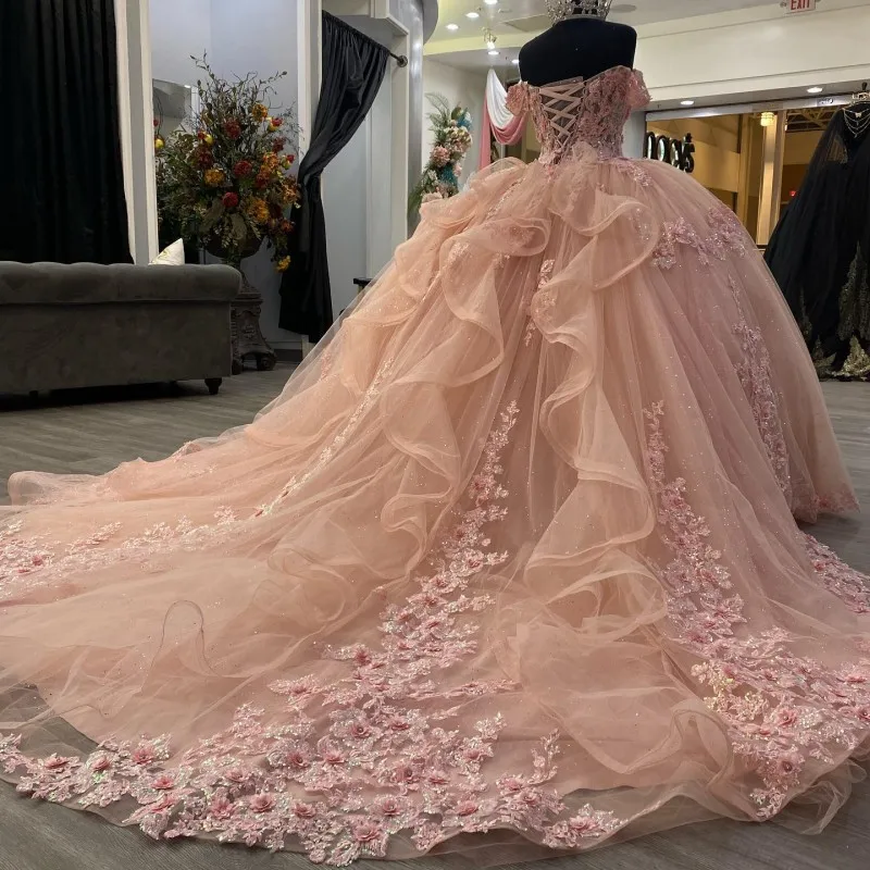 Pink Lace Long Prom Dress, Ball Gowns Sweet 16 Dresses