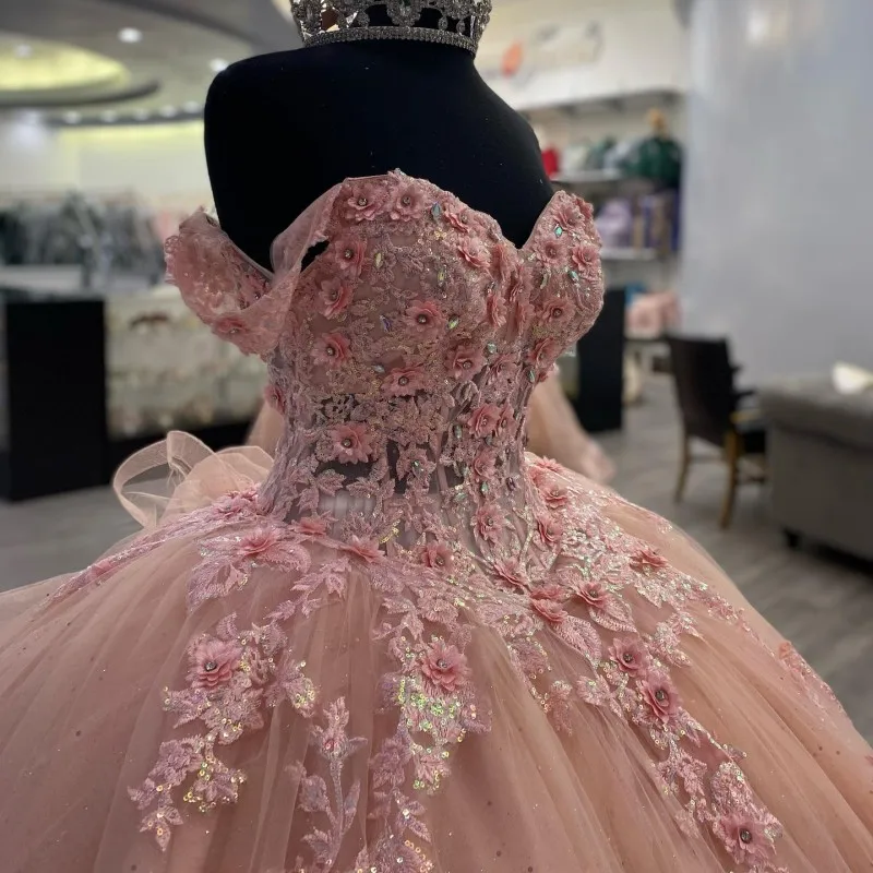 Pink Lace Long Prom Dress, Ball Gowns Sweet 16 Dresses