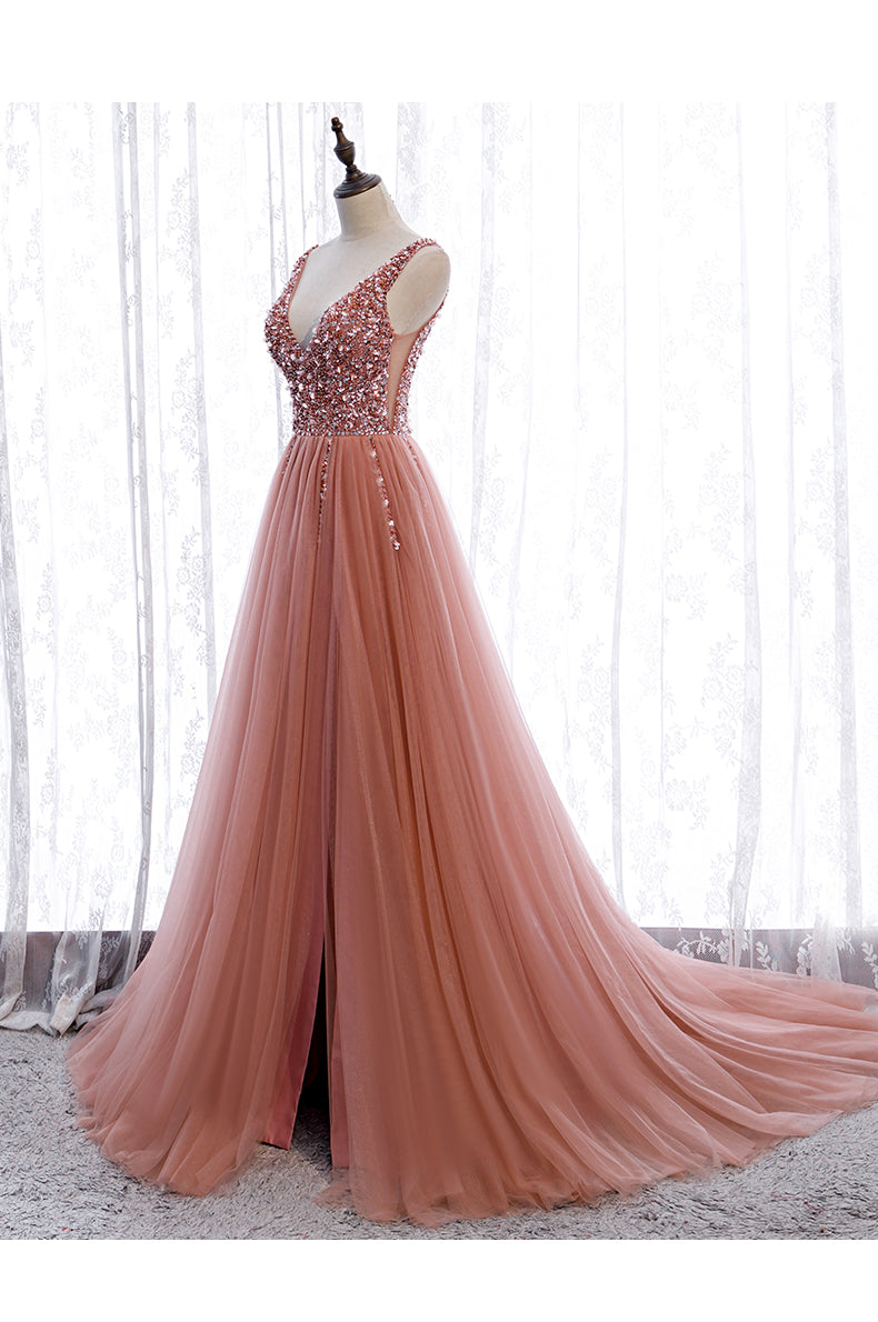 Pink Long Sparkle Beaded Tulle Slit Prom Dresses,Pink V-Neckline Prom Gowns