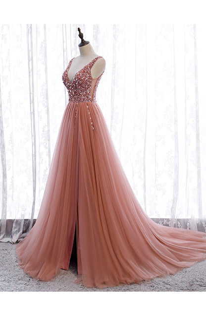 Pink Long Sparkle Beaded Tulle Slit Prom Dresses,Pink V-Neckline Prom Gowns