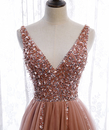 Pink Long Sparkle Beaded Tulle Slit Prom Dresses,Pink V-Neckline Prom Gowns