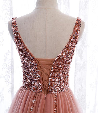 Pink Long Sparkle Beaded Tulle Slit Prom Dresses,Pink V-Neckline Prom Gowns