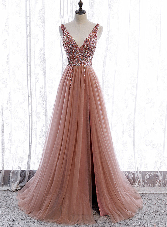 Pink Long Sparkle Beaded Tulle Slit Prom Dresses,Pink V-Neckline Prom Gowns