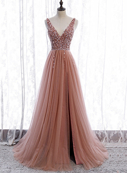 Pink Long Sparkle Beaded Tulle Slit Prom Dresses,Pink V-Neckline Prom Gowns
