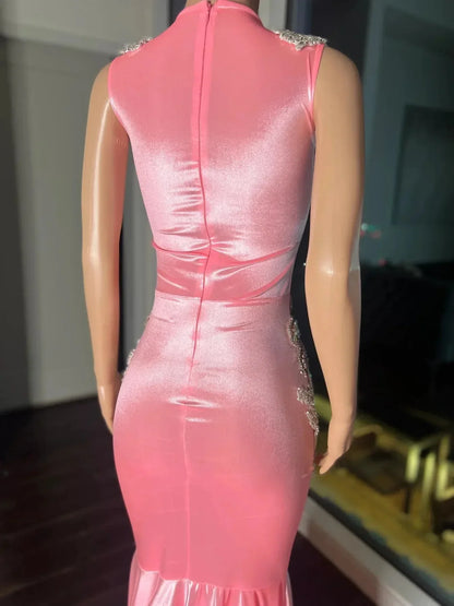 Pink Gorgeous Exquisite Beaded Elegant Stunning Mermaid Long Satin Floor Length Train Prom Dress Prom Gowns Prom Dresses