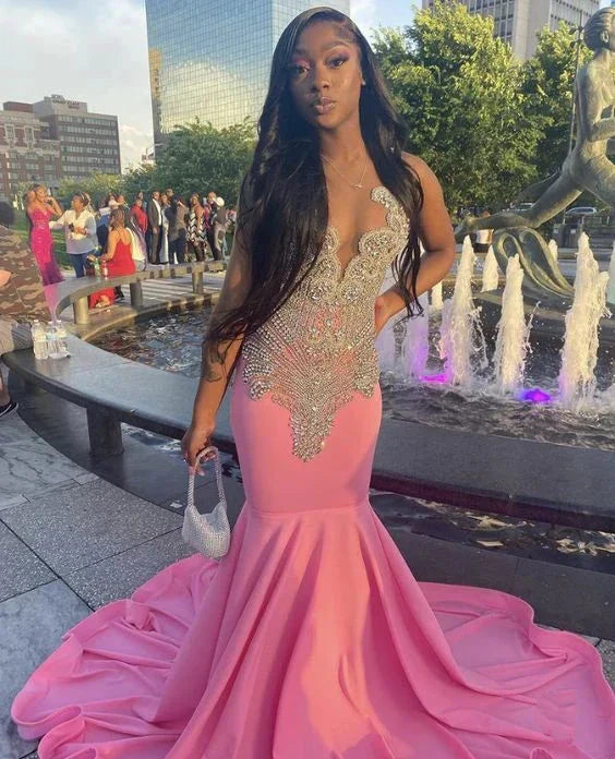 Pink Gorgeous Exquisite Beaded Elegant Stunning Mermaid Long Satin Floor Length Train Prom Dress Prom Gowns Prom Dresses