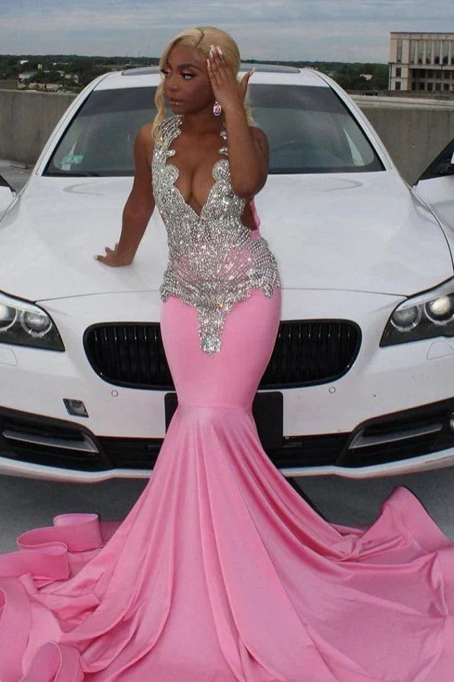 Pink Gorgeous Exquisite Beaded Elegant Stunning Mermaid Long Satin Floor Length Train Prom Dress Prom Gowns Prom Dresses