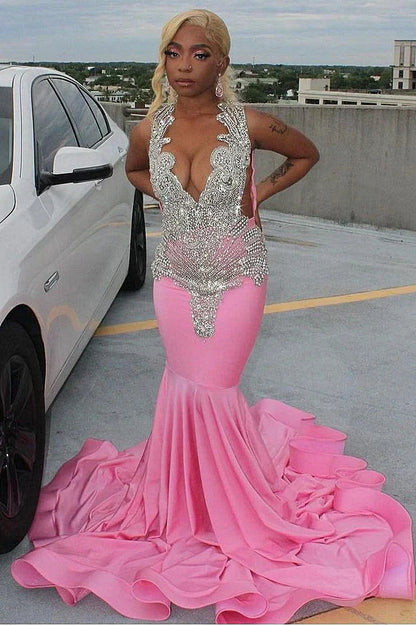 Pink Gorgeous Exquisite Beaded Elegant Stunning Mermaid Long Satin Floor Length Train Prom Dress Prom Gowns Prom Dresses