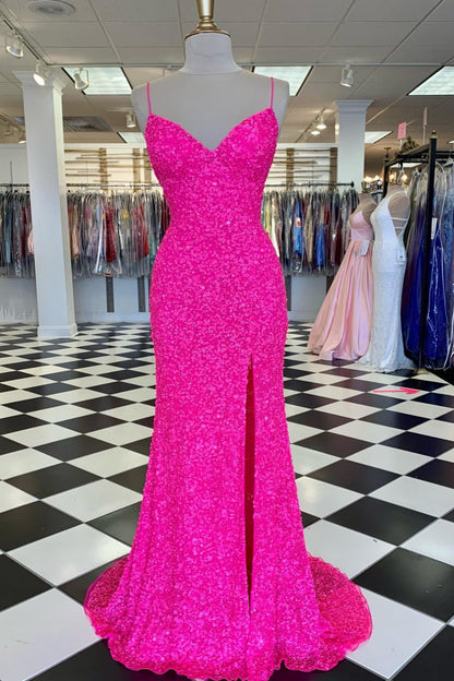 Pink Sequin Long Prom Dresses Spaghetti Straps Prom Gowns