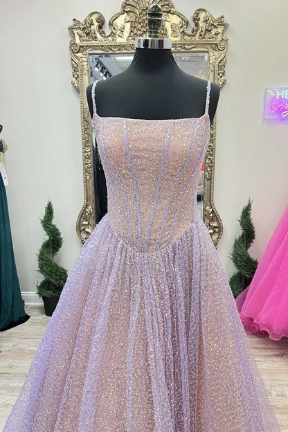 Pink Sequins A-Line Prom Gowns Princess Birthday Prom Dresses