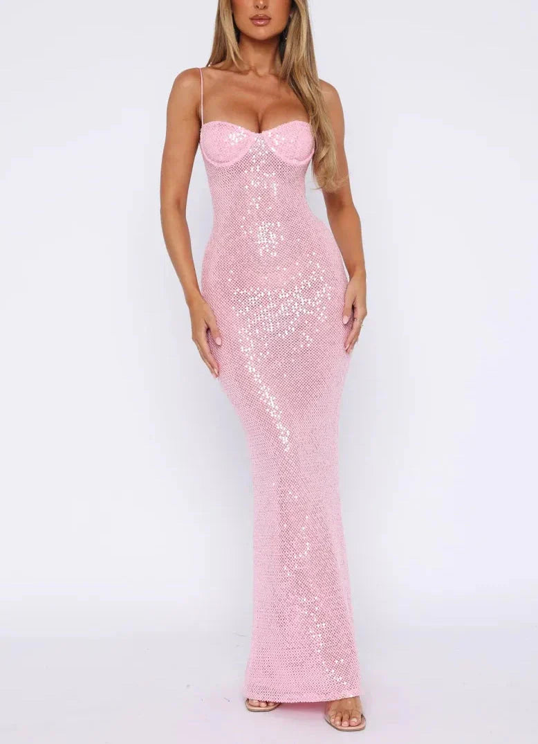 Pink Shiny Fashion Elegant Long Mermaid Slim Sequin Ball Gowns Prom Dress