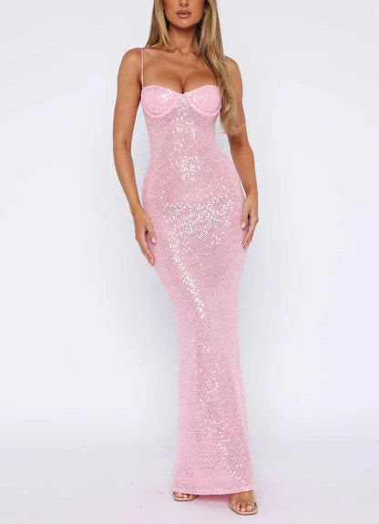 Pink Shiny Fashion Elegant Long Mermaid Slim Sequin Ball Gowns Prom Dress