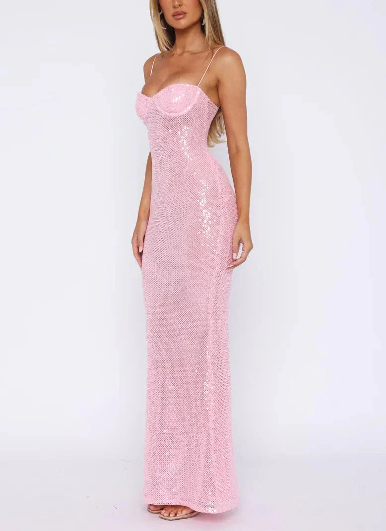 Pink Shiny Fashion Elegant Long Mermaid Slim Sequin Ball Gowns Prom Dress
