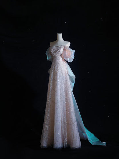 Pretty A Line Off The Shoulder Pink Sequin Long Prom Dresses Prom Gown