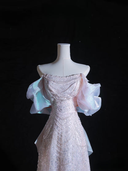 Pretty A Line Off The Shoulder Pink Sequin Long Prom Dresses Prom Gown