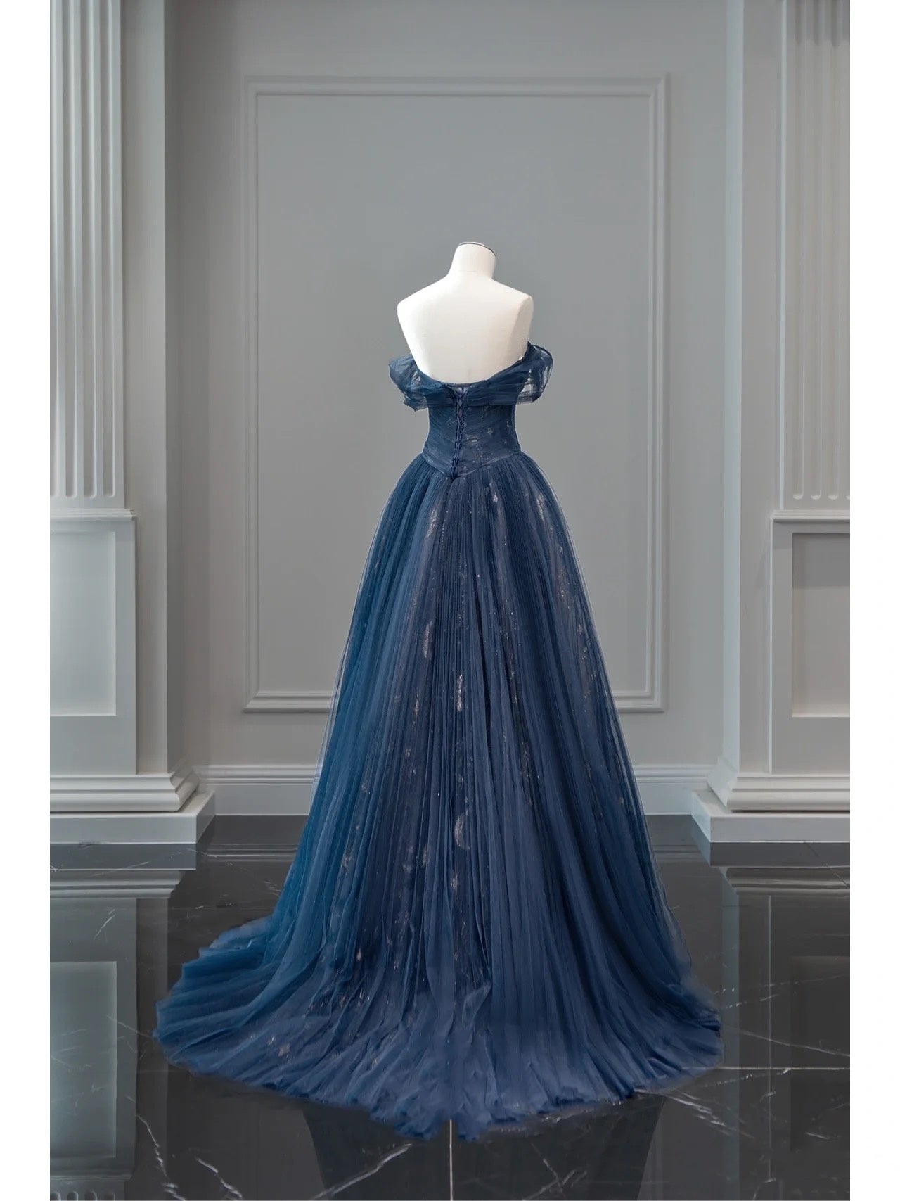 Pretty Ball Gowns Off The Shoulder Navy Blue Tulle Long Prom Dress