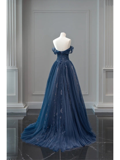 Pretty Ball Gowns Off The Shoulder Navy Blue Tulle Long Prom Dress