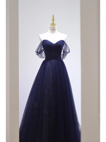 Pretty Ball Gowns Off The Shoulder Navy Blue Tulle Long Prom Dress