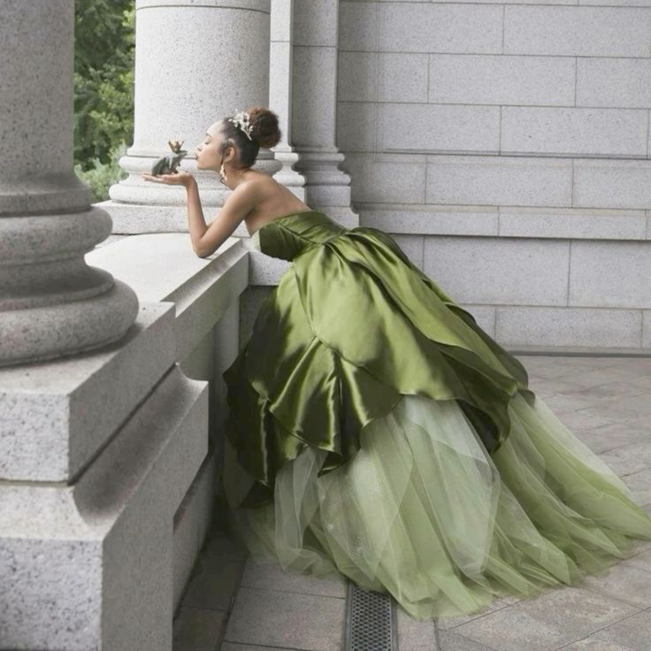 Pretty Ball Gowns Strapless Olive Green Long Satin Prom Dress