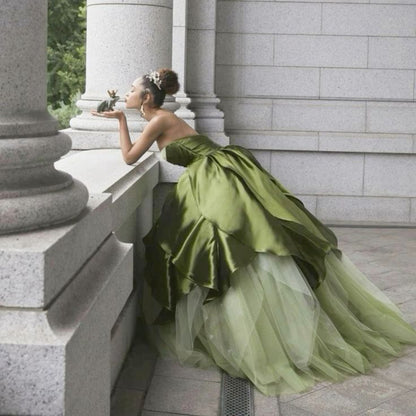 Pretty Ball Gowns Strapless Olive Green Long Satin Prom Dress