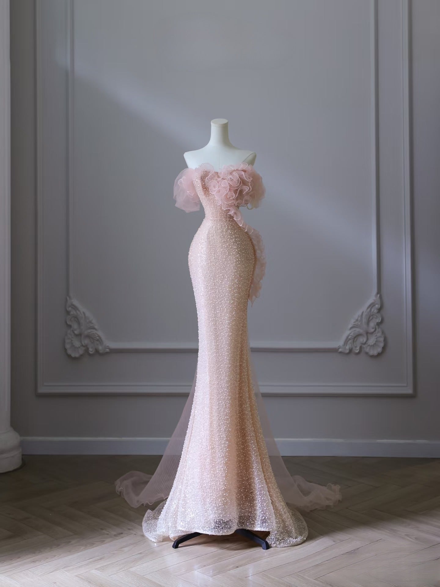 Pretty Mermaid Off The Shoulder Pink Sequin Long Prom Dresses Prom Gown
