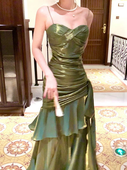 Pretty Mermaid Spaghetti Straps Olive Green Long Prom Dresses Prom Gown