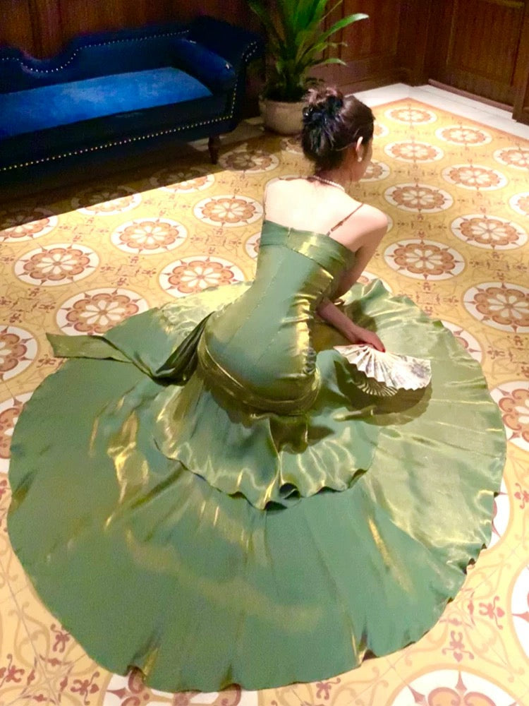 Pretty Mermaid Spaghetti Straps Olive Green Long Prom Dresses Prom Gown
