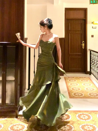 Pretty Mermaid Spaghetti Straps Olive Green Long Prom Dresses Prom Gown