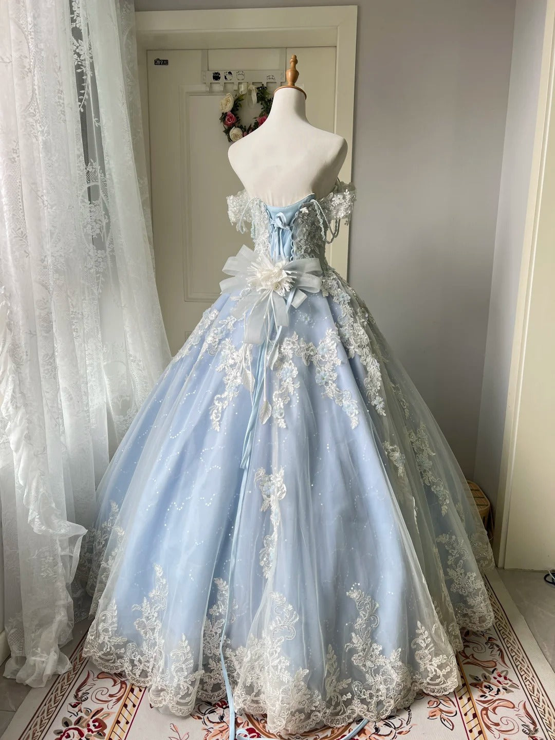 Princess Light Blue Lace Tulle Ball Gown Evening Dresses Sweet 16Th Dresses