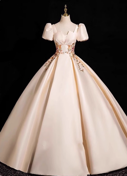 Princess Light Champagne Short-Sleeve Floral Embroidered Ball Gown Evening Dresses