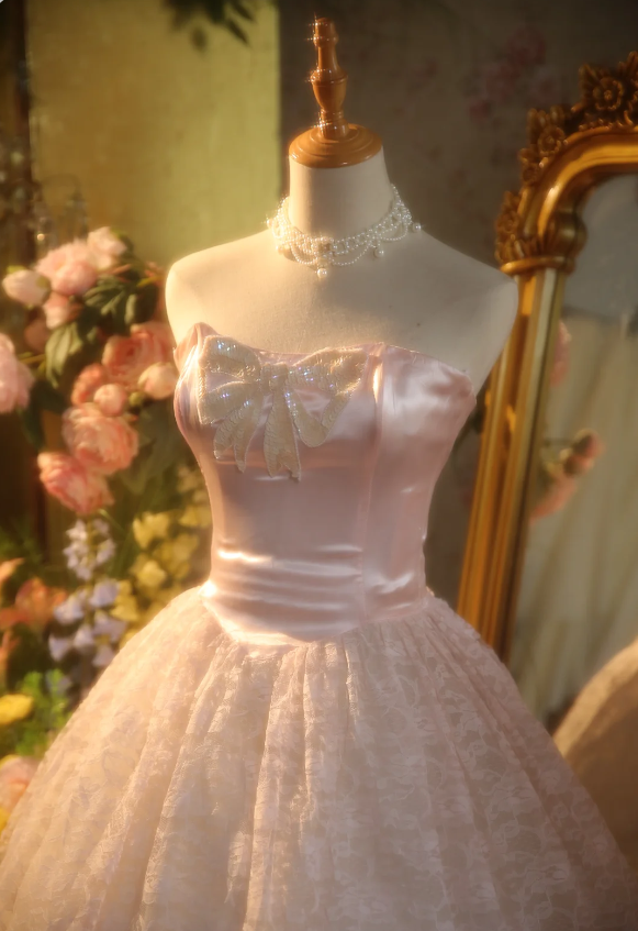 Princess Light Pink Strapless Lace Ball Gown Evening Dresses Sweet 16 Dresses