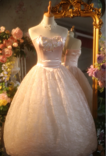 Princess Light Pink Strapless Lace Ball Gown Evening Dresses Sweet 16 Dresses