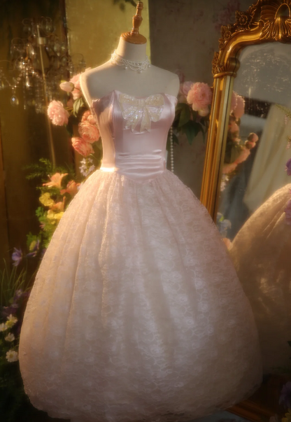Princess Light Pink Strapless Lace Ball Gown Evening Dresses Sweet 16 Dresses