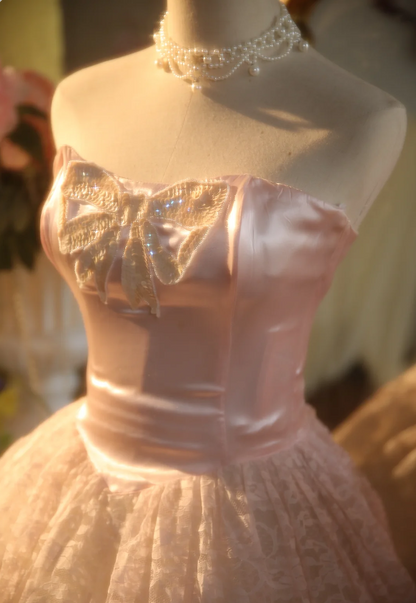 Princess Light Pink Strapless Lace Ball Gown Evening Dresses Sweet 16 Dresses