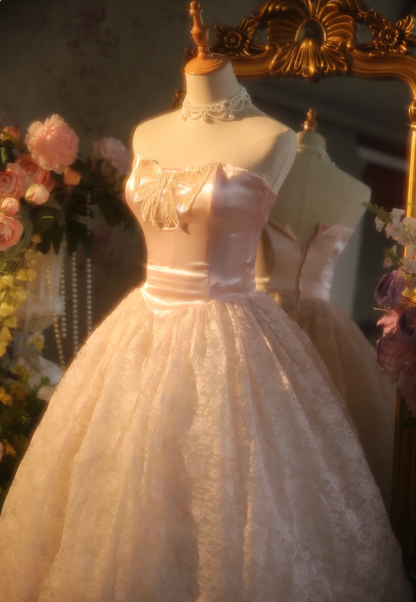 Princess Light Pink Strapless Lace Ball Gown Evening Dresses Sweet 16 Dresses