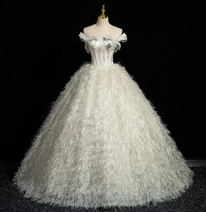 Princess Milk White Bowknot Off-The-Shoulder Feather Tulle Ball Gown Evening Dresses Sweet 16 Dresses