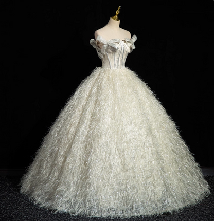 Princess Milk White Bowknot Off-The-Shoulder Feather Tulle Ball Gown Evening Dresses Sweet 16 Dresses