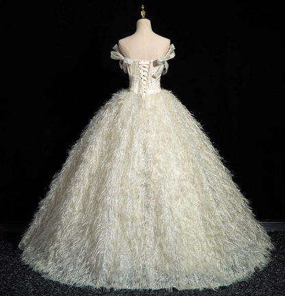 Princess Milk White Bowknot Off-The-Shoulder Feather Tulle Ball Gown Evening Dresses Sweet 16 Dresses