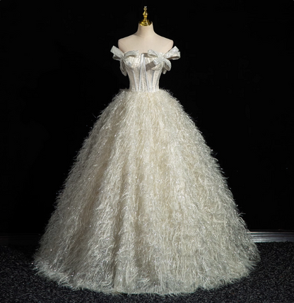 Princess Milk White Bowknot Off-The-Shoulder Feather Tulle Ball Gown Evening Dresses Sweet 16 Dresses