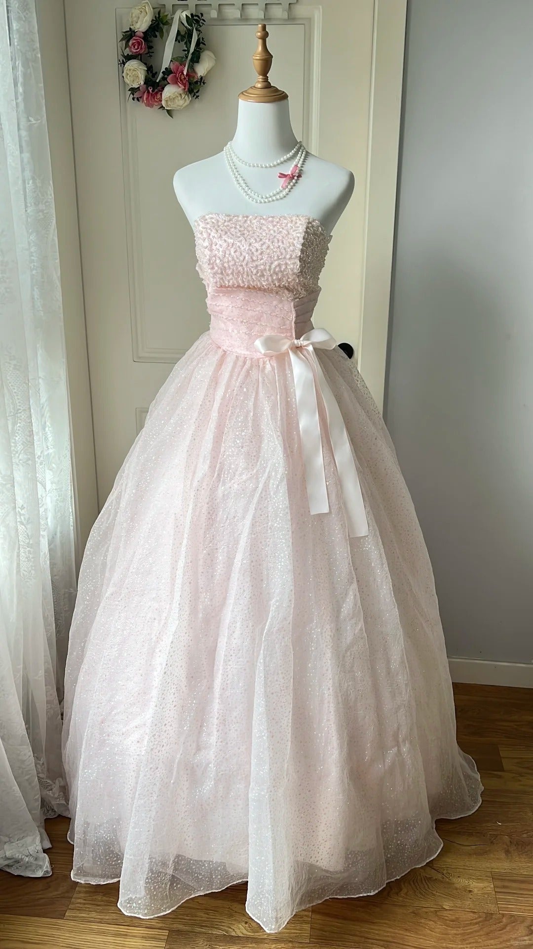 Princess Pink Strapless Bow Sequined Tulle Ball Gown Evening Dresses Sweet 16 Dresses