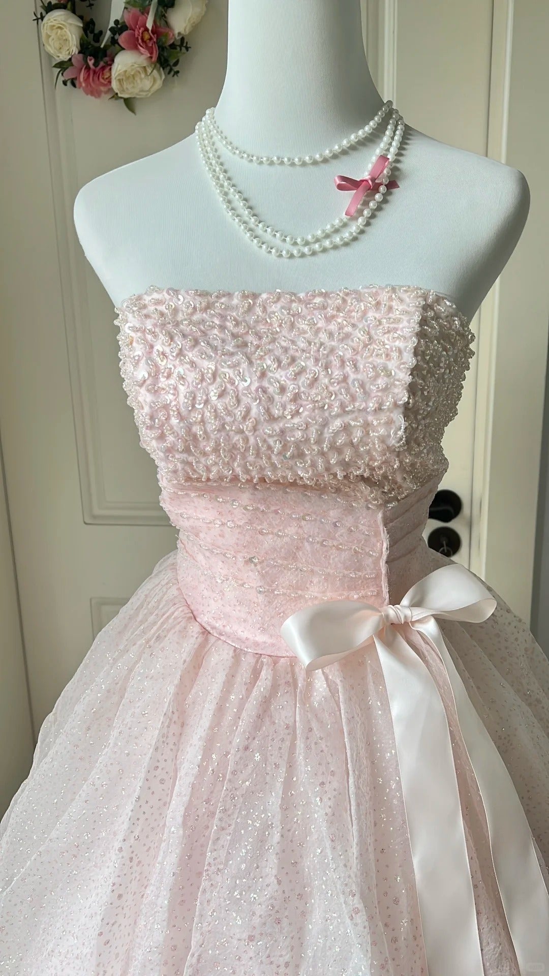 Princess Pink Strapless Bow Sequined Tulle Ball Gown Evening Dresses Sweet 16 Dresses