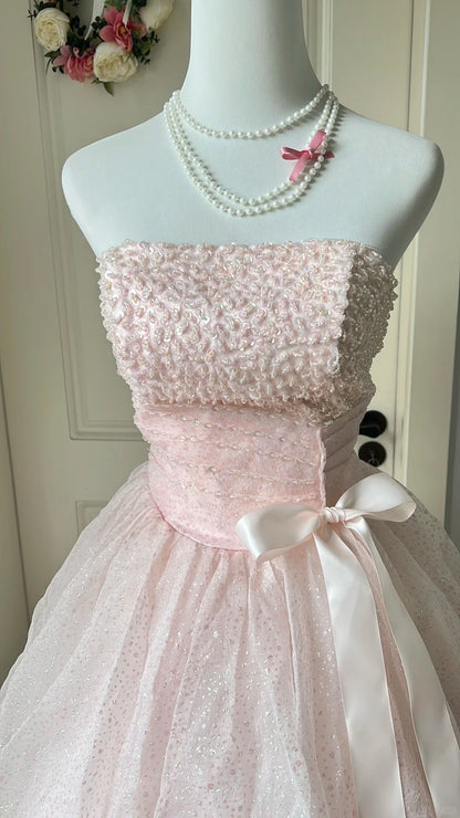 Princess Pink Strapless Bow Sequined Tulle Ball Gown Evening Dresses Sweet 16 Dresses