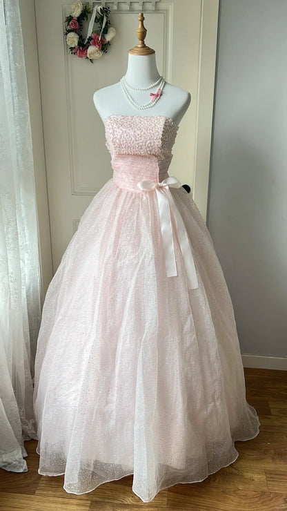 Princess Pink Strapless Bow Sequined Tulle Ball Gown Evening Dresses Sweet 16 Dresses