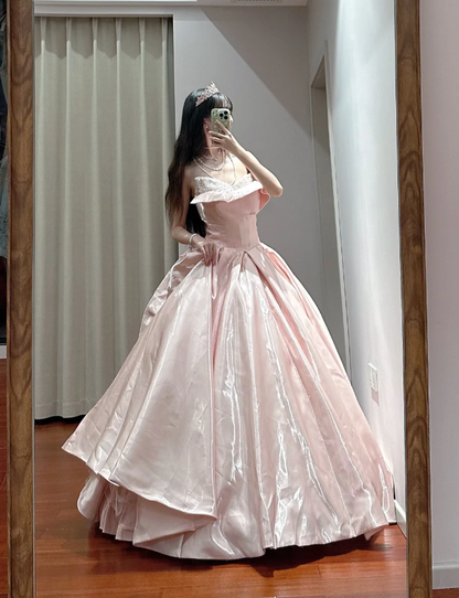 Princess Pink Strapless Ruffled Neck Satin Floor-Length Ball Gown Evening Gown 16Th Birthday Gown
