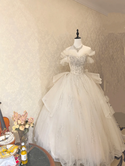 Princess White Off-The-Shoulder Tulle Floor-Length Ball Gown Evening Dresses