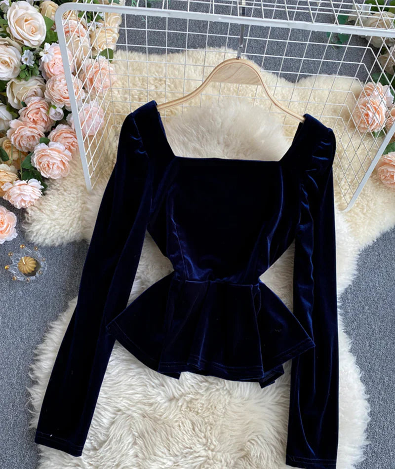 Simple velvet long sleeve tops    S2539