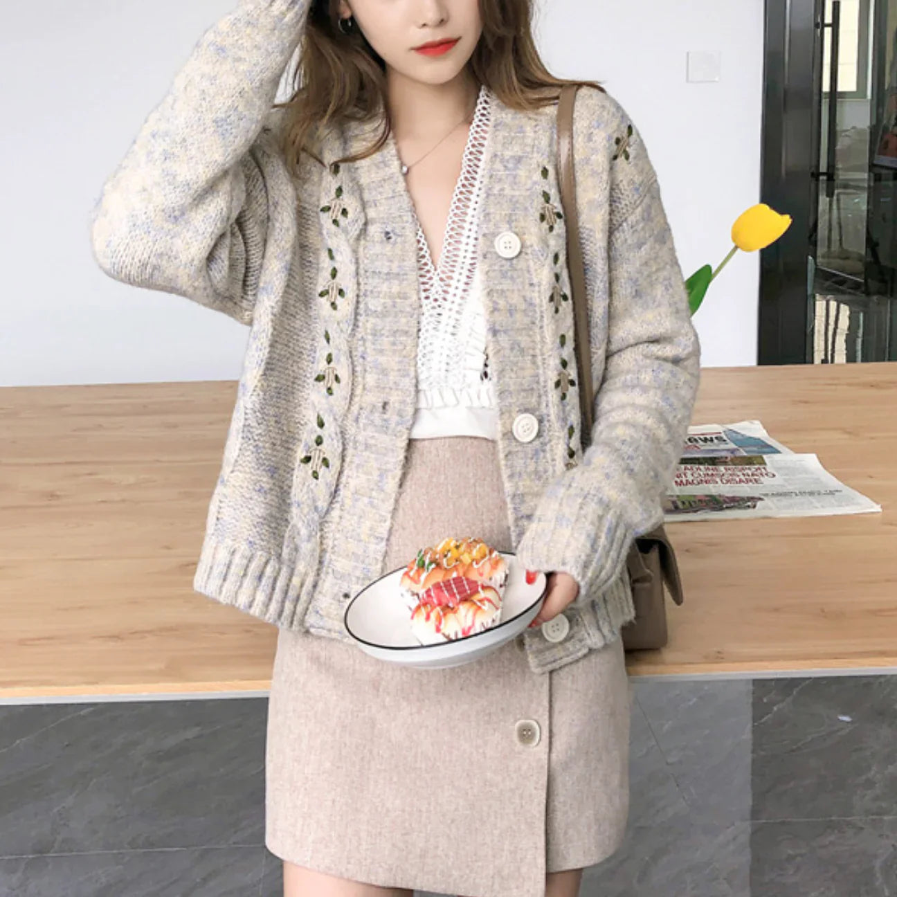 Womens Button Front V Neck Sweater Cardigan       S2801
