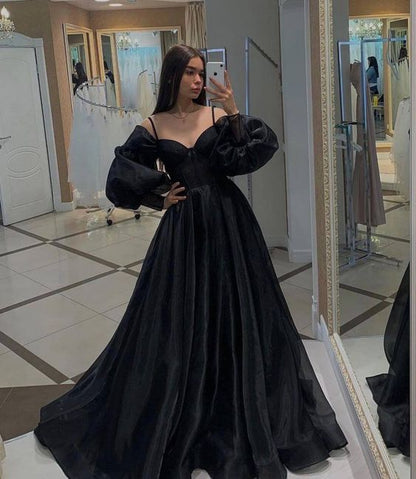 Black Long Sleeves Prom Dresses,Black Formal Dresses,Party Dress with Train Y1027